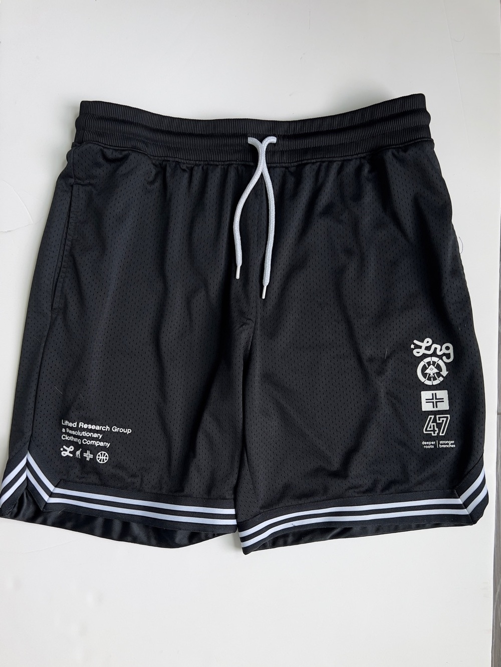 LRG Men’s Black Athletic Mesh Shorts with White Accents